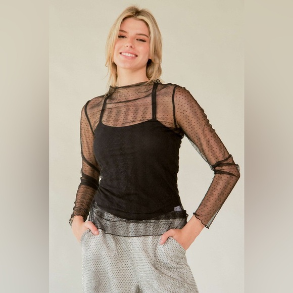 🟠 157B. Mesh Dotted sheer long Sleeve - Black - Picture 7 of 9
